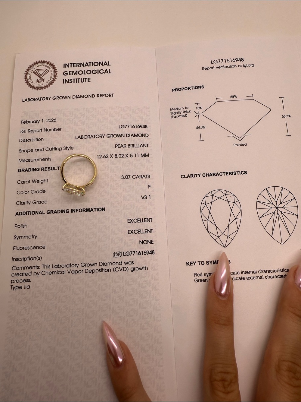 3.07 carat F VS1 pear east west with polka dot band diamond engagement ring - Picture 6 of 12